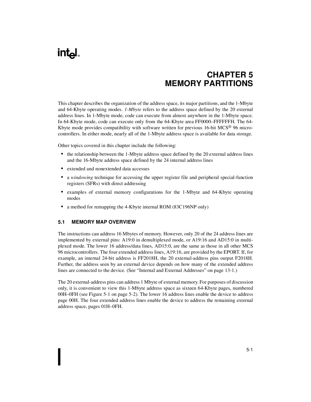 Intel Microcontroller, 80C196NU, 8XC196NP manual Chapter Memory Partitions, Memory MAP Overview 