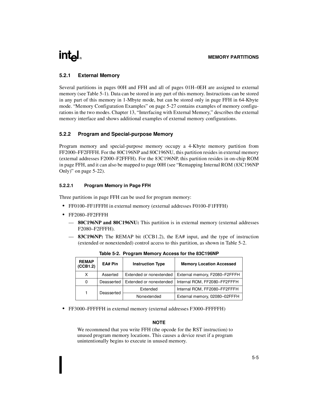 Intel 80C196NU, 8XC196NP manual External Memory, Program and Special-purpose Memory, Program Memory in Page FFH, Remap 