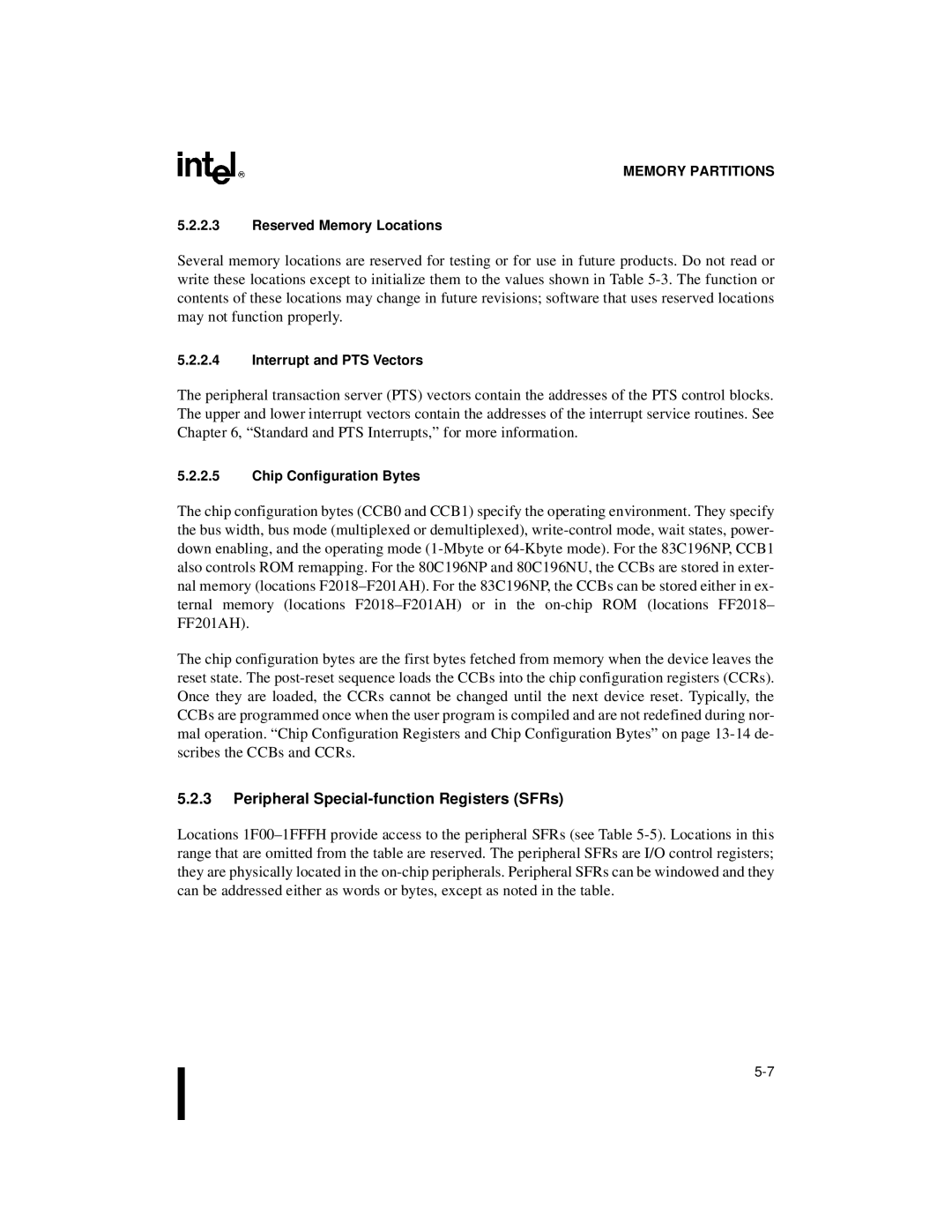 Intel Microcontroller Peripheral Special-function Registers SFRs, Reserved Memory Locations, Interrupt and PTS Vectors 