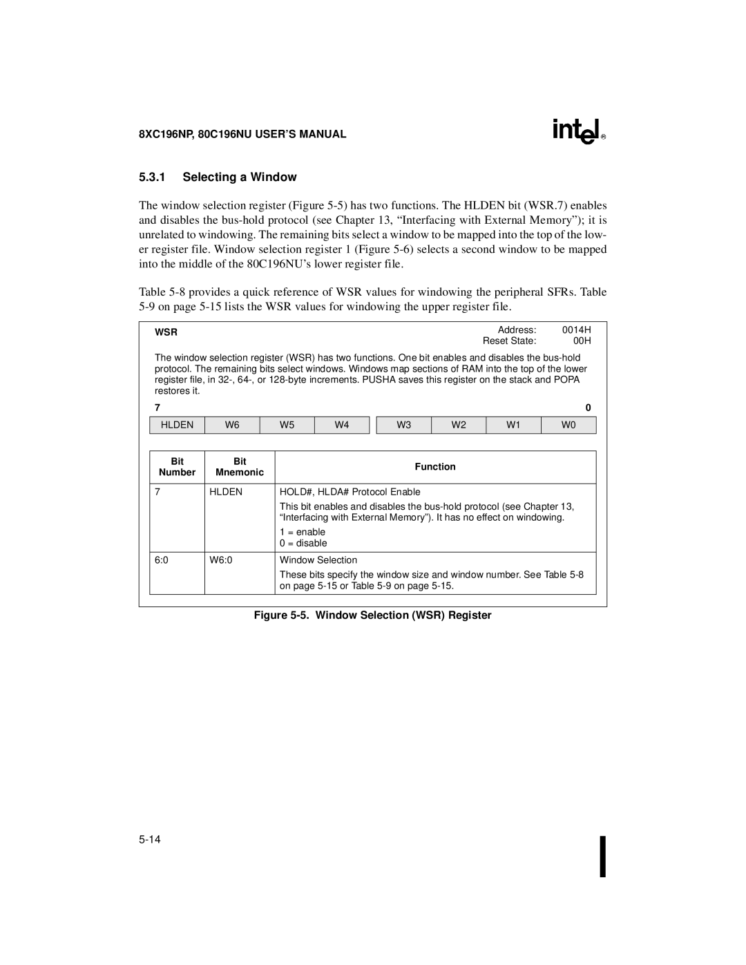 Intel 80C196NU, 8XC196NP, Microcontroller manual Selecting a Window, Wsr, Hlden, Bit Function 