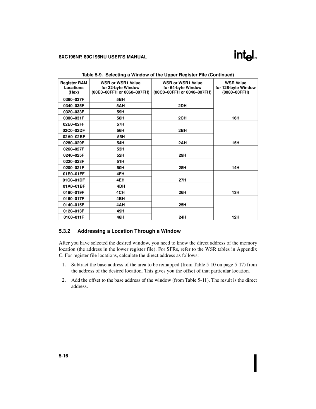 Intel Microcontroller, 80C196NU, 8XC196NP manual Addressing a Location Through a Window 