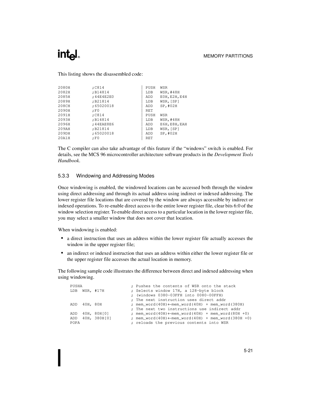 Intel 8XC196NP, 80C196NU, Microcontroller manual This listing shows the disassembled code, Windowing and Addressing Modes 