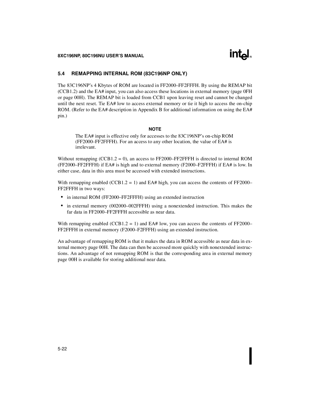 Intel Microcontroller, 80C196NU, 8XC196NP manual Remapping Internal ROM 83C196NP only 