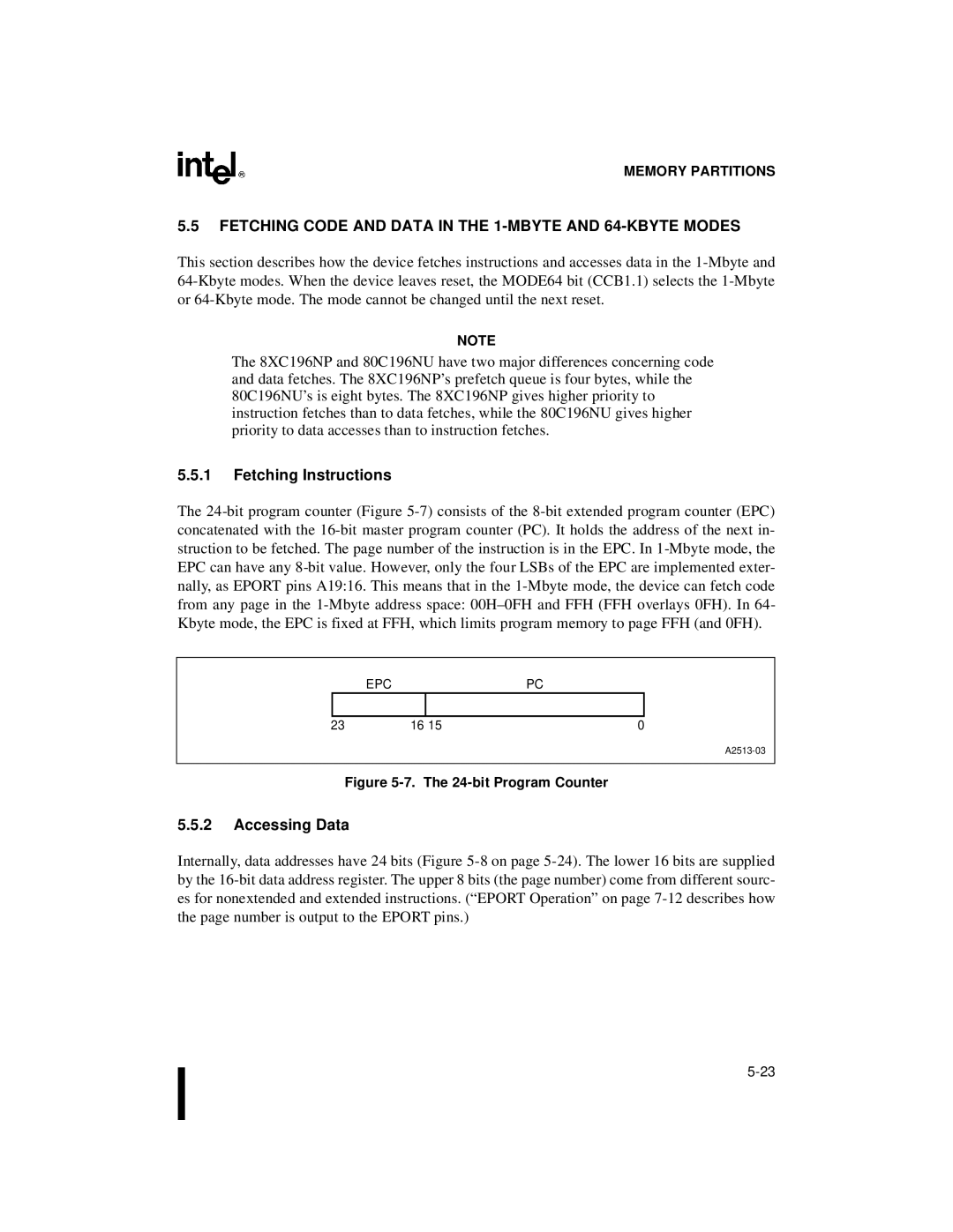 Intel 80C196NU Fetching Code and Data in the 1-MBYTE and 64-KBYTE Modes, Fetching Instructions, Accessing Data, Epcpc 