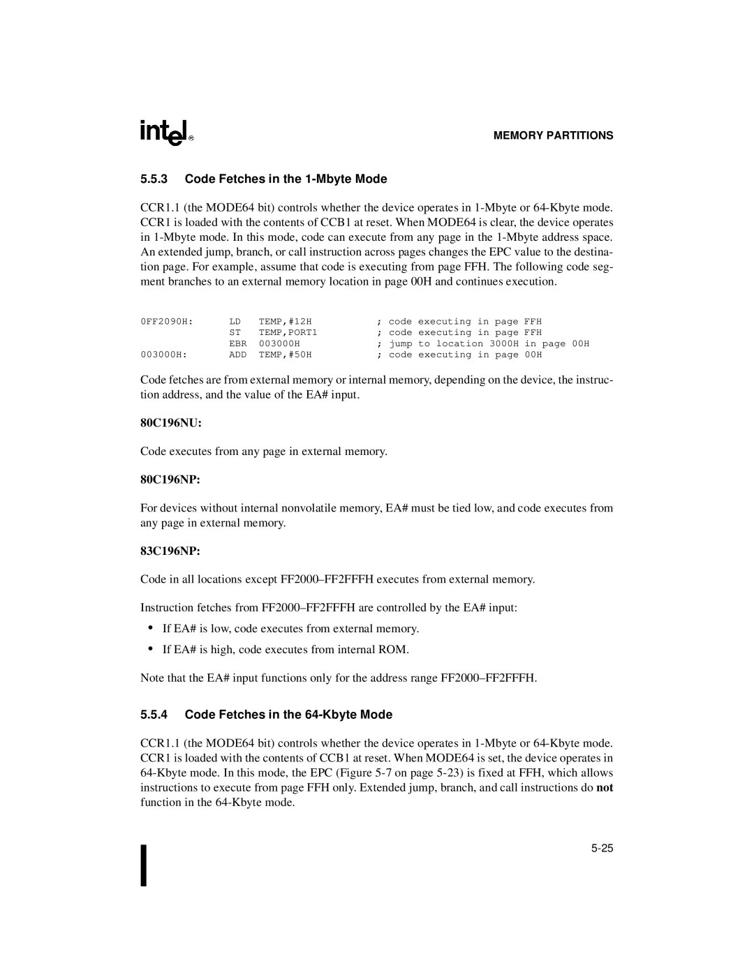 Intel Microcontroller, 80C196NU, 8XC196NP manual Code Fetches in the 1-Mbyte Mode, Code Fetches in the 64-Kbyte Mode 