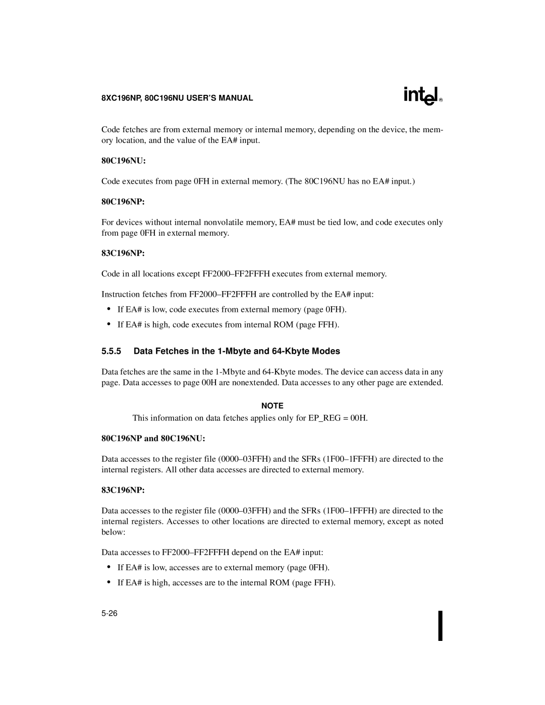 Intel 8XC196NP, Microcontroller manual Data Fetches in the 1-Mbyte and 64-Kbyte Modes, 80C196NP and 80C196NU 