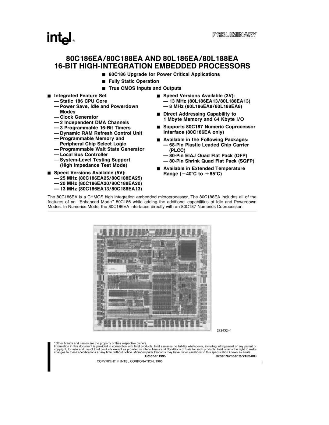 Intel 80L188EA, 80L186EA, 80C188EA, 80C186EA specifications BIT HIGH-INTEGRATION Embedded Processors 