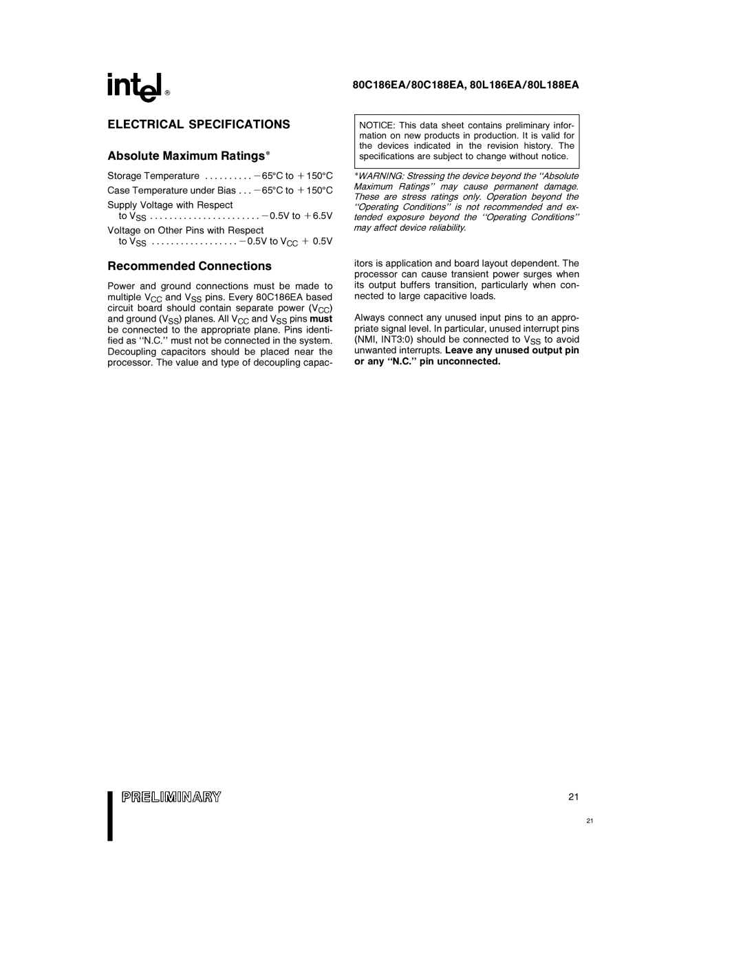 Intel 80L188EA Electrical Specifications, Absolute Maximum Ratings, Recommended Connections, Supply Voltage with Respect 