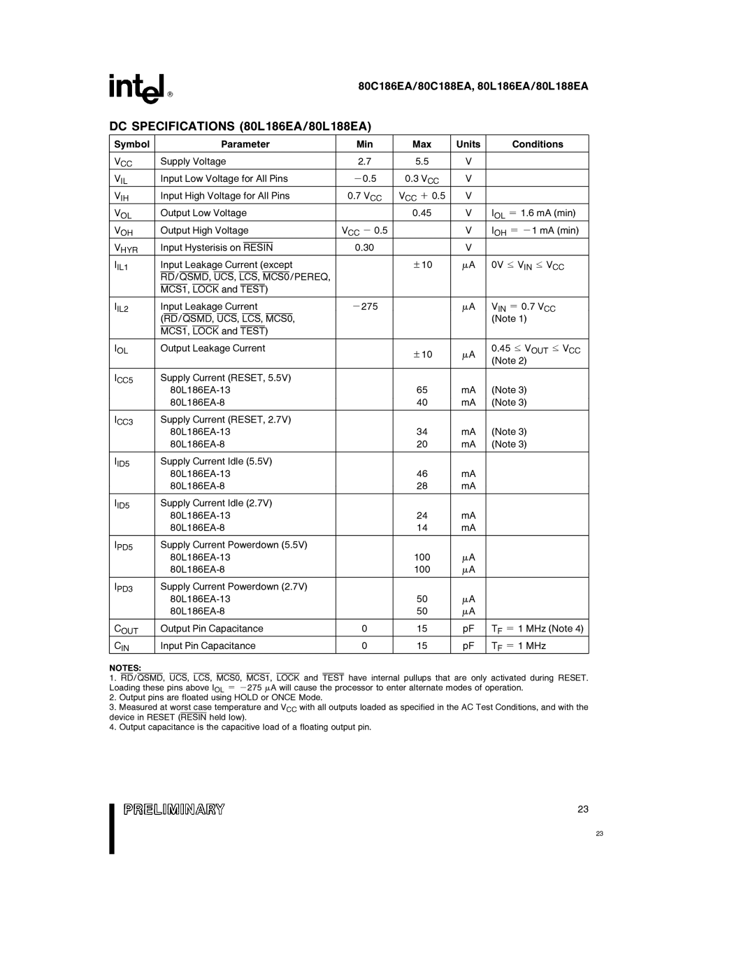 Intel 80C186EA, 80C188EA specifications DC Specifications 80L186EA/80L188EA, RD/QSMD, UCS, LCS, MCS0 