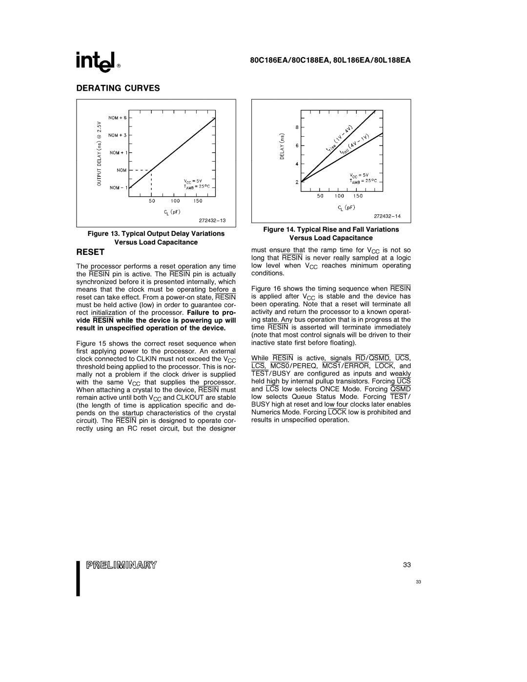 Intel 80L188EA, 80L186EA, 80C188EA, 80C186EA specifications Derating Curves, Reset 