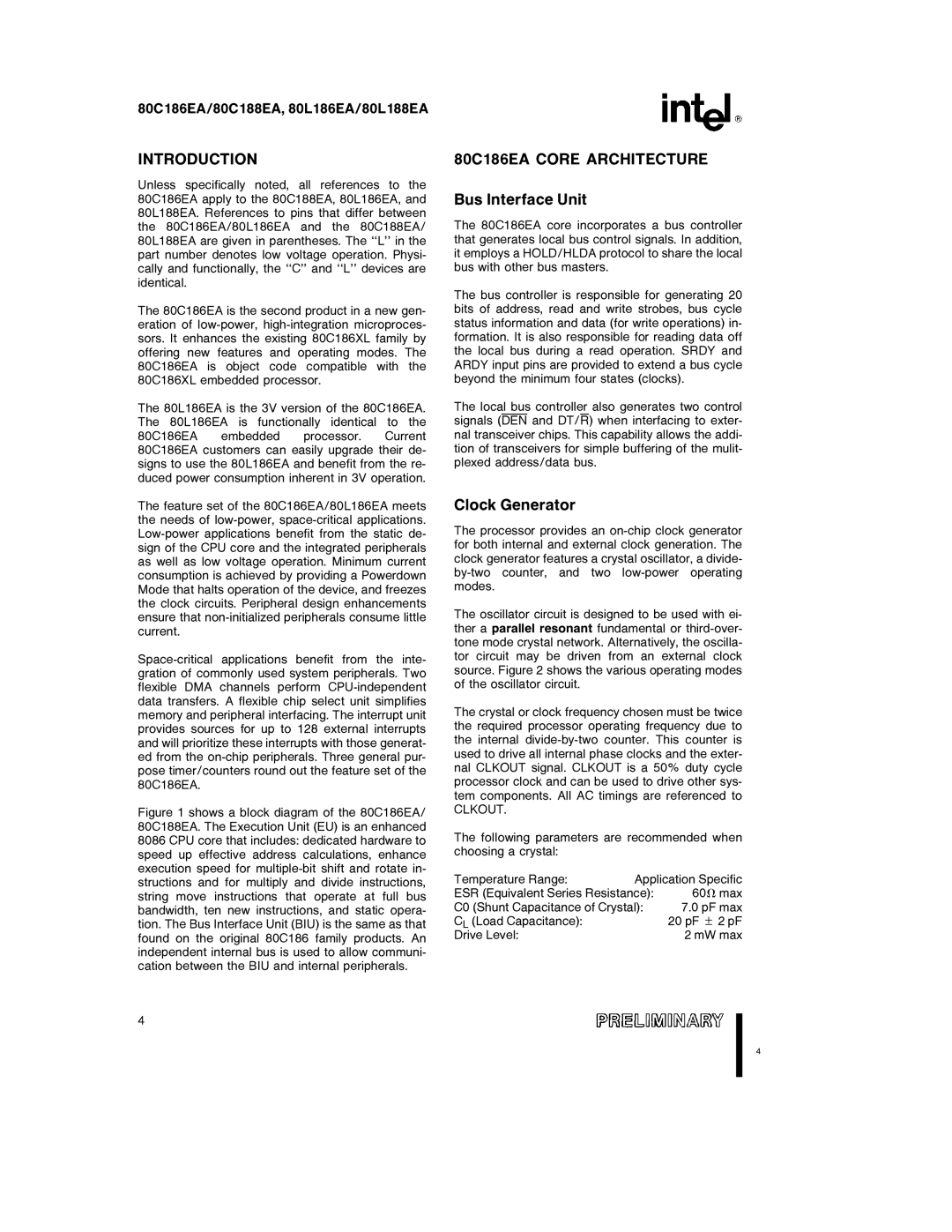 Intel 80L186EA, 80L188EA, 80C188EA Introduction, 80C186EA Core Architecture, Bus Interface Unit, Clock Generator, Clkout 