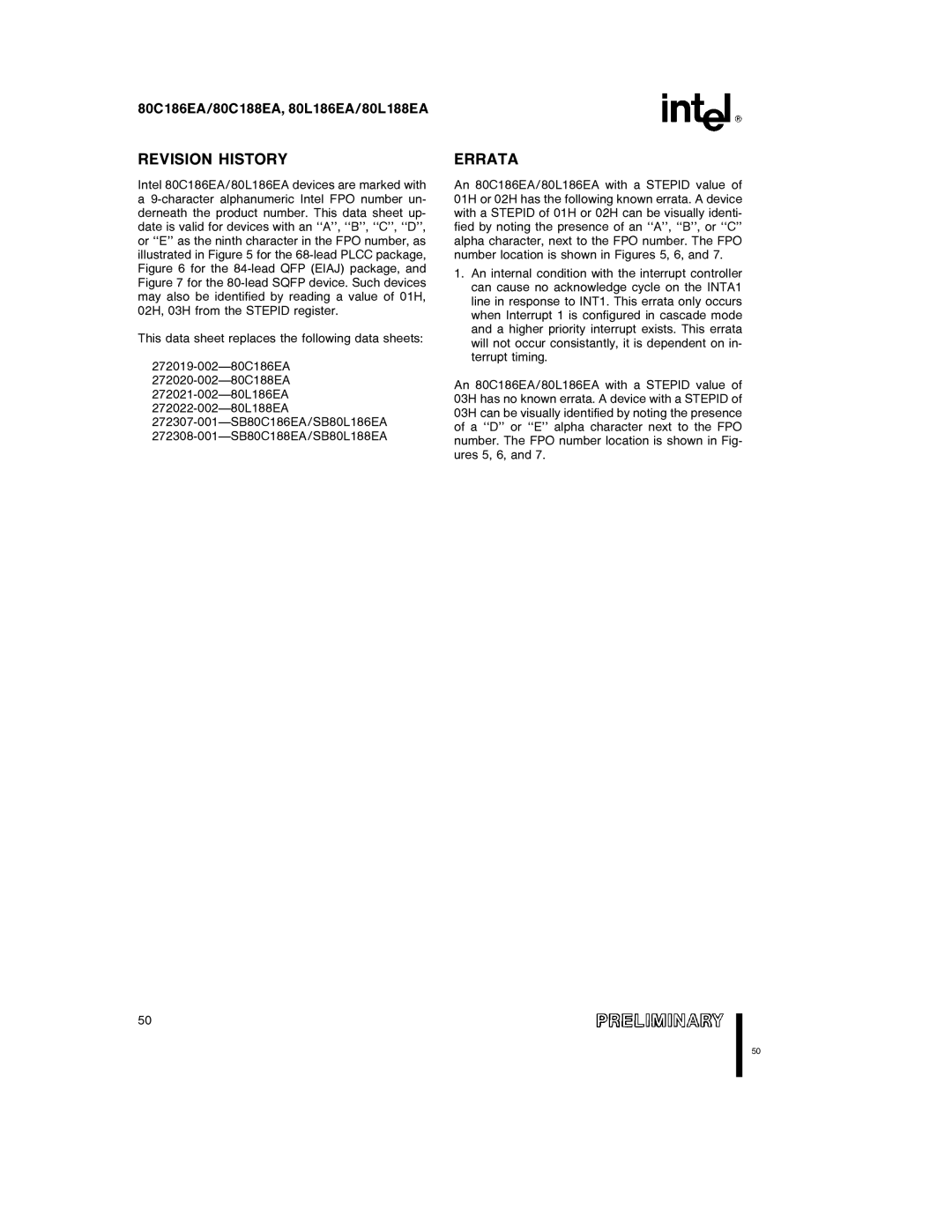 Intel 80C188EA, 80L186EA, 80L188EA, 80C186EA specifications Revision History, Errata 