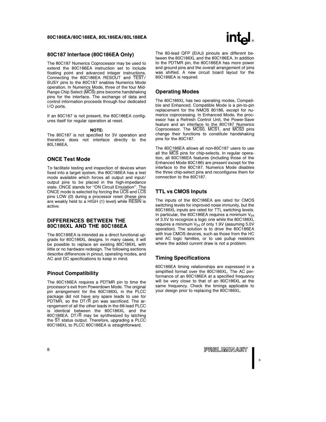 Intel 80L186EA, 80L188EA, 80C188EA specifications Differences Between the 80C186XL and the 80C186EA 