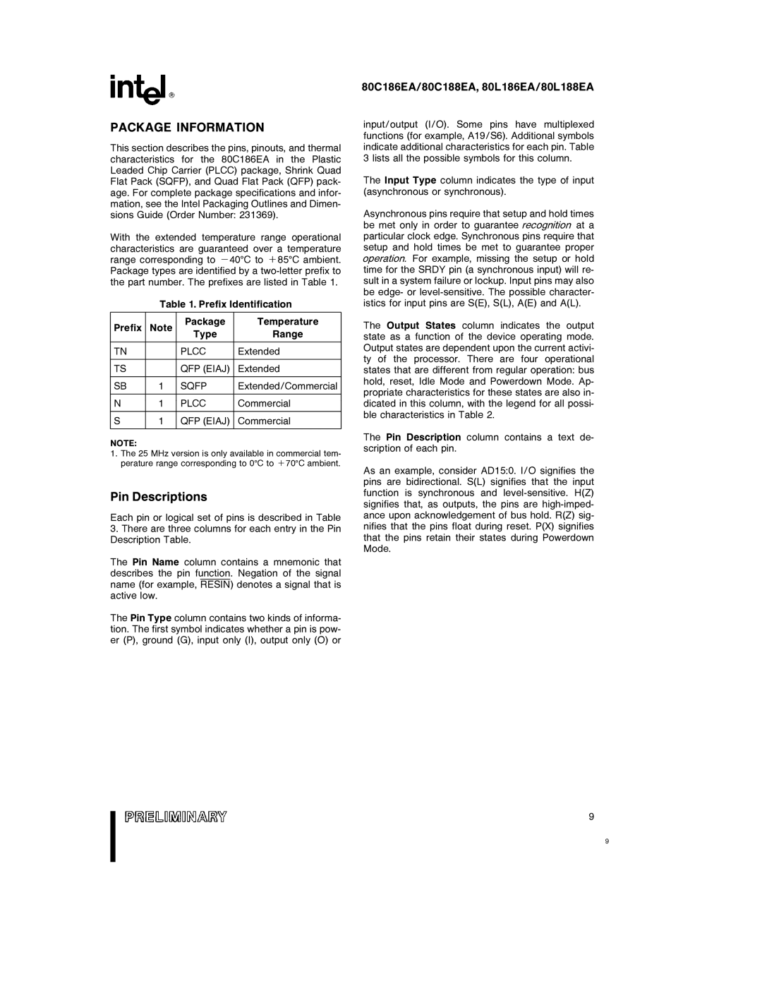 Intel 80L188EA, 80L186EA, 80C188EA, 80C186EA specifications Package Information, Pin Descriptions, Plcc, QFP Eiaj, Sqfp 