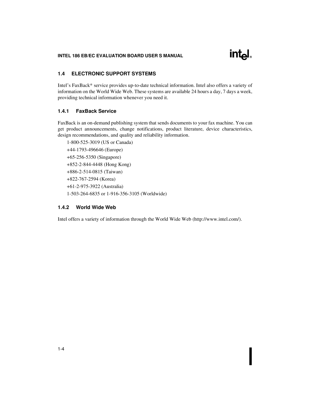 Intel 80C188EB, 80L188EC, 80L186EB, 80L186EC, 80C186EB, 80L188EB Electronic Support Systems, FaxBack Service, World Wide Web 