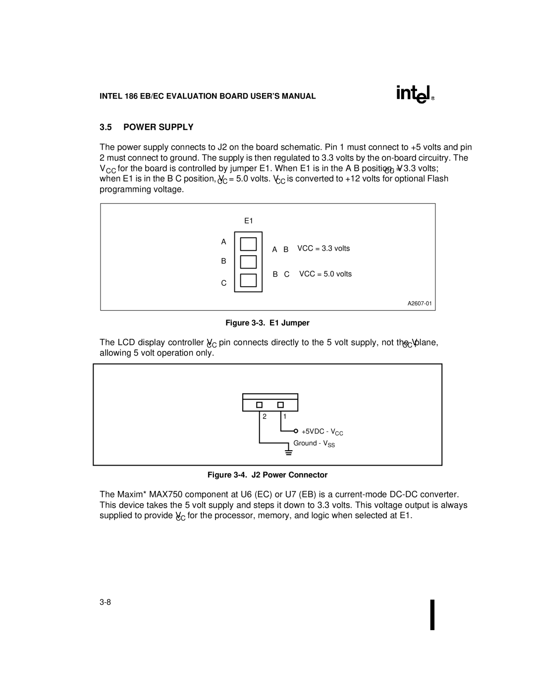 Intel 80L188EC, 80L186EB, 80L186EC, 80C186EB, 80C188EB, 80L188EB, 80C188EC, 80C186EC user manual Power Supply, E1 Jumper 