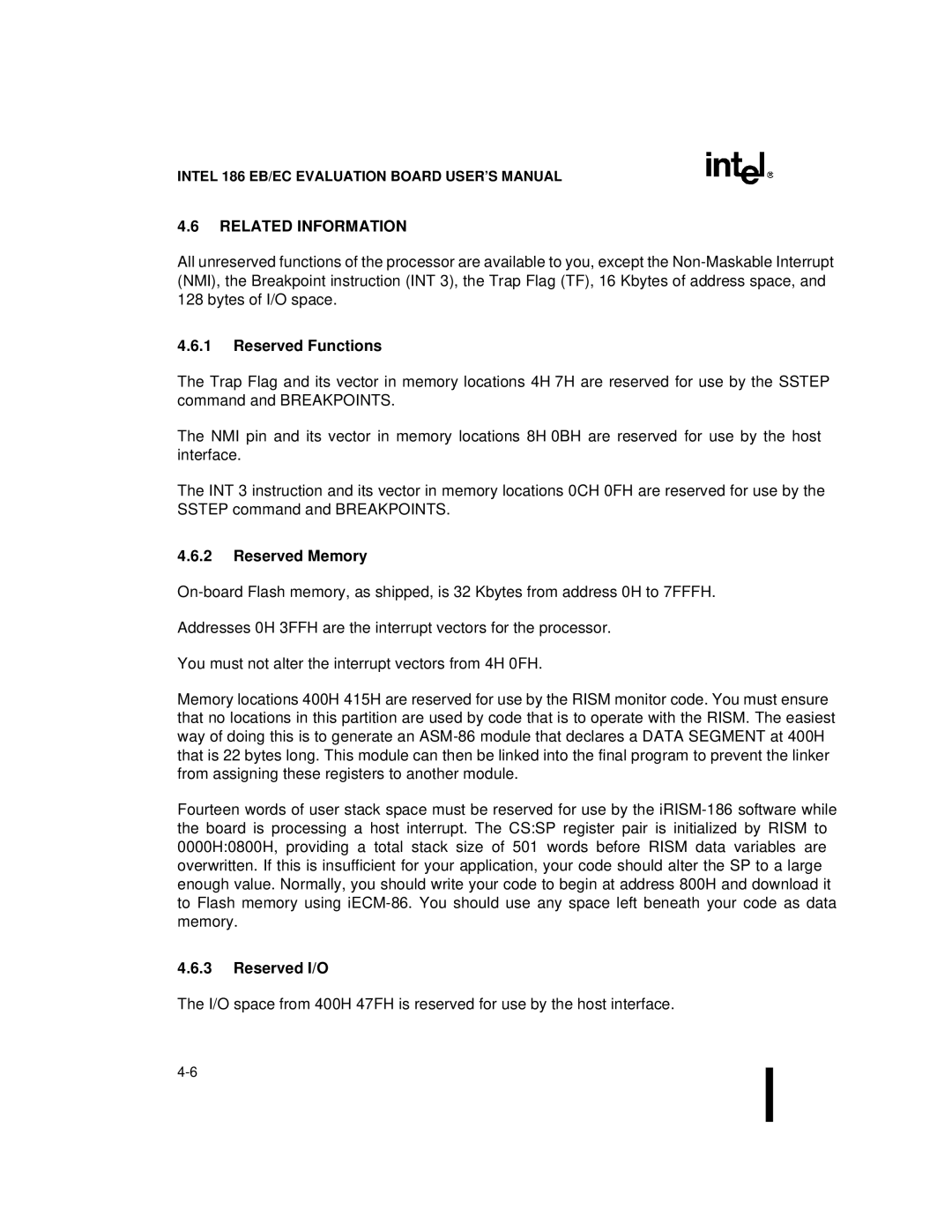 Intel 80L188EC, 80L186EB, 80L186EC, 80C186EB, 80C188EB Related Information, Reserved Functions, Reserved Memory, Reserved I/O 