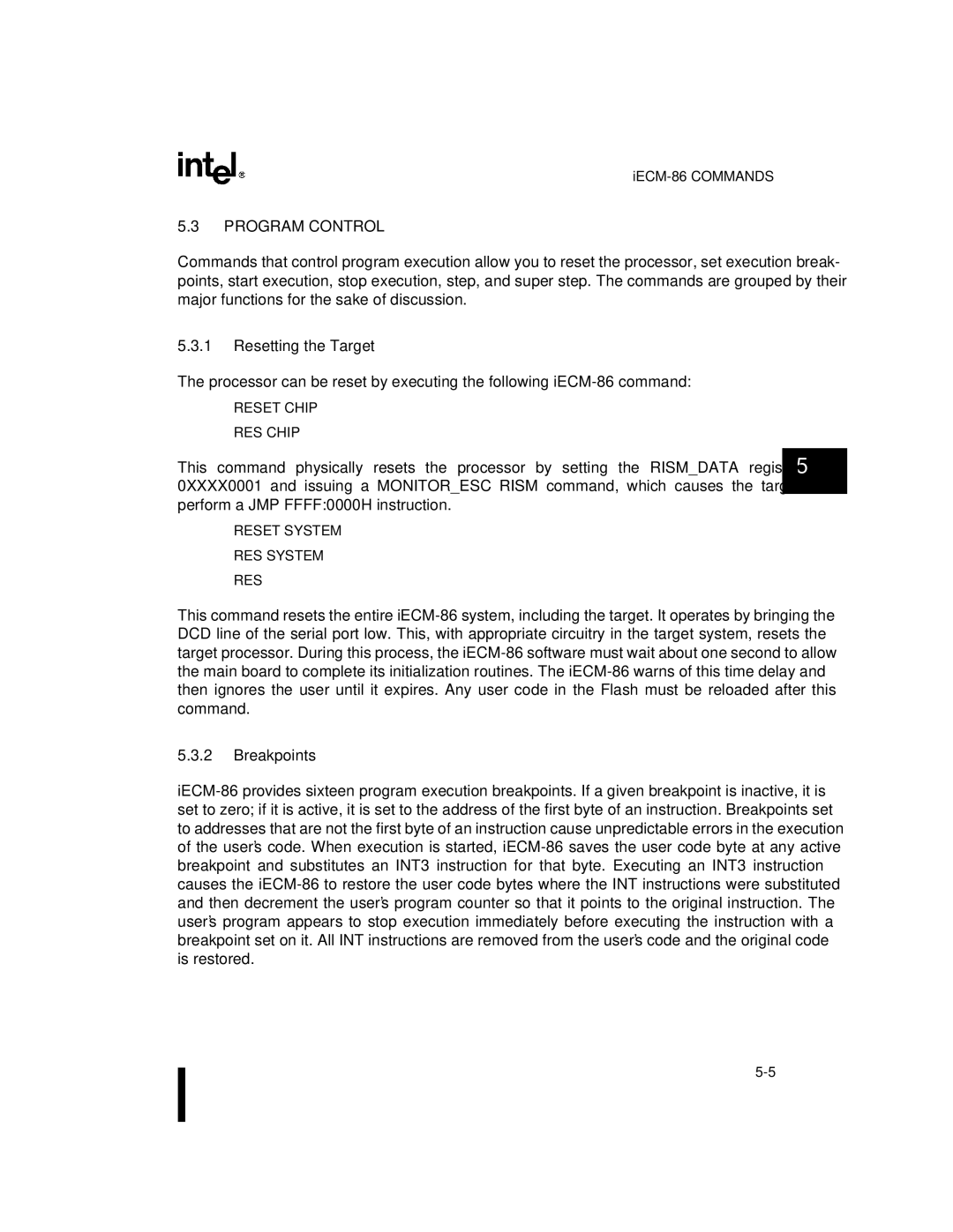 Intel 80C186EC, 80L188EC, 80L186EB, 80L186EC, 80C186EB, 80C188EB, 80L188EB Program Control, Resetting the Target, Breakpoints 