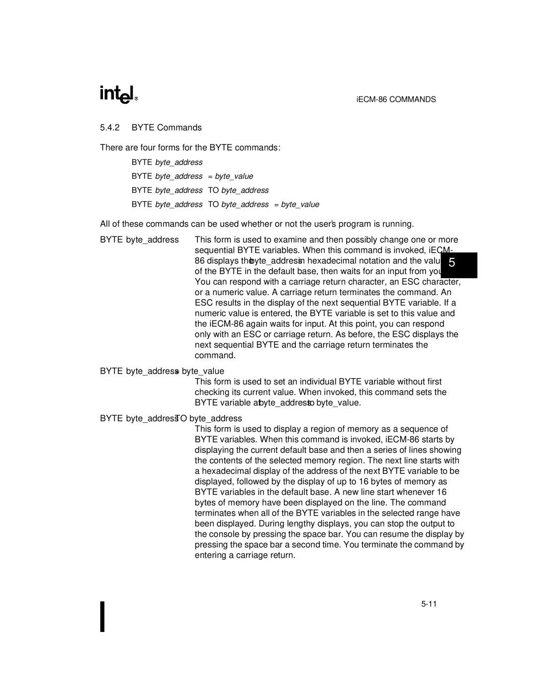 Intel 80L188EB, 80L188EC, 80L186EB, 80L186EC Byte Commands, Byte byteaddress = bytevalue, Byte byteaddress to byteaddress 