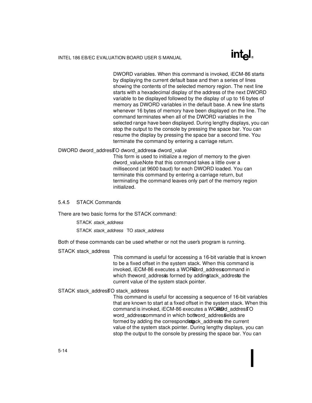 Intel 80L188EC, 80L186EB, 80L186EC Dword dwordaddress to dwordaddress = dwordvalue, Stack Commands, Stack stackaddress 