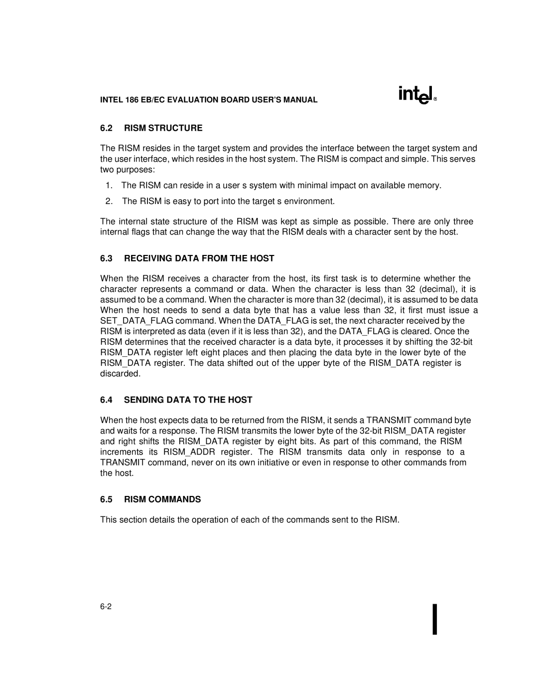 Intel 80L188EC, 80L186EB, 80L186EC Rism Structure, Receiving Data from the Host, Sending Data to the Host, Rism Commands 