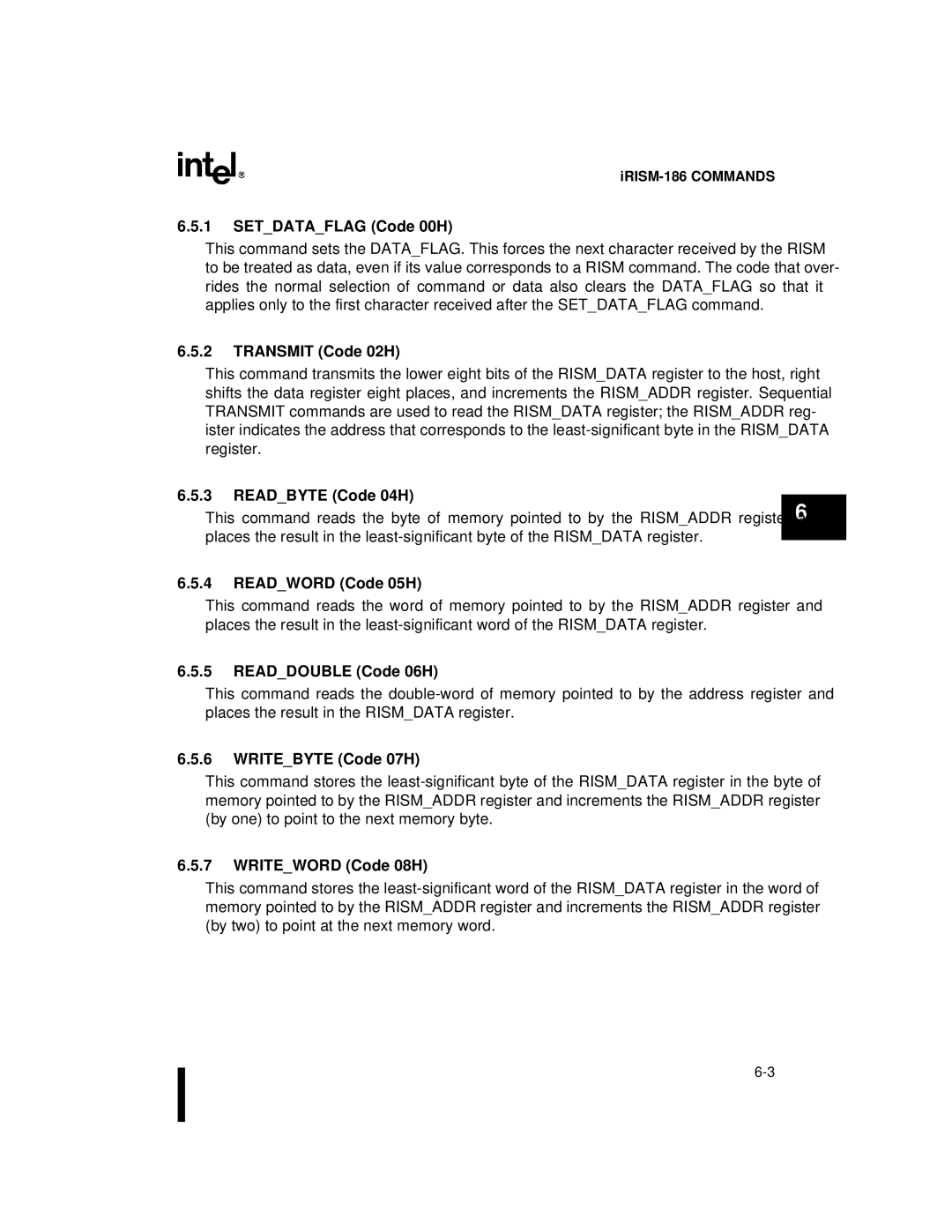 Intel 80L186EB Setdataflag Code 00H, Transmit Code 02H, Readbyte Code 04H, Readword Code 05H, Readdouble Code 06H 