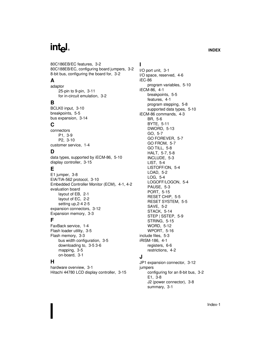 Intel 80C186EC, 80L188EC, 80L186EB, 80L186EC, 80C186EB, 80C188EB, 80L188EB, 80C188EC user manual Index 