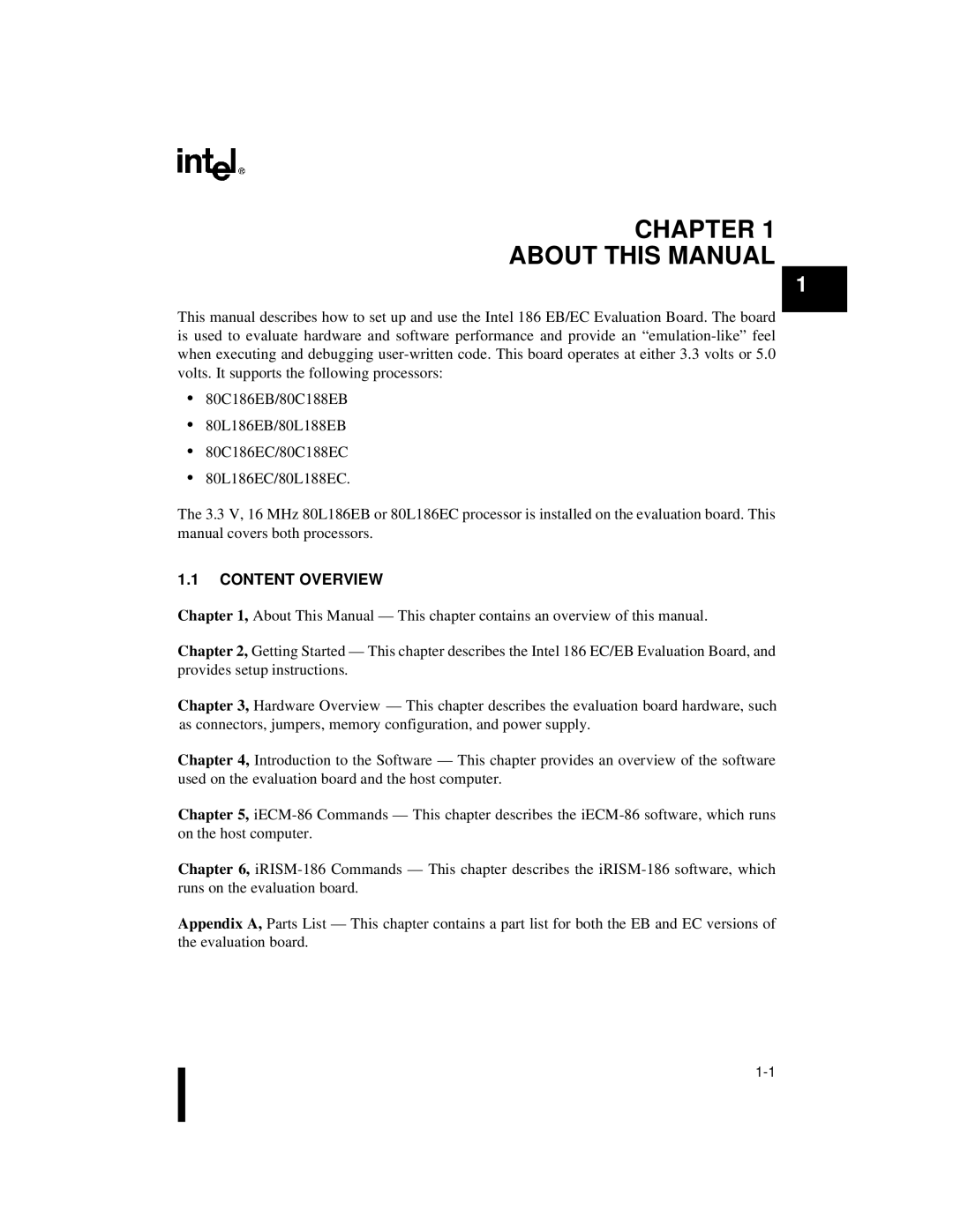 Intel 80L186EB, 80L188EC, 80L186EC, 80C186EB, 80C188EB, 80L188EB, 80C188EC, 80C186EC Chapter About this Manual, Content Overview 