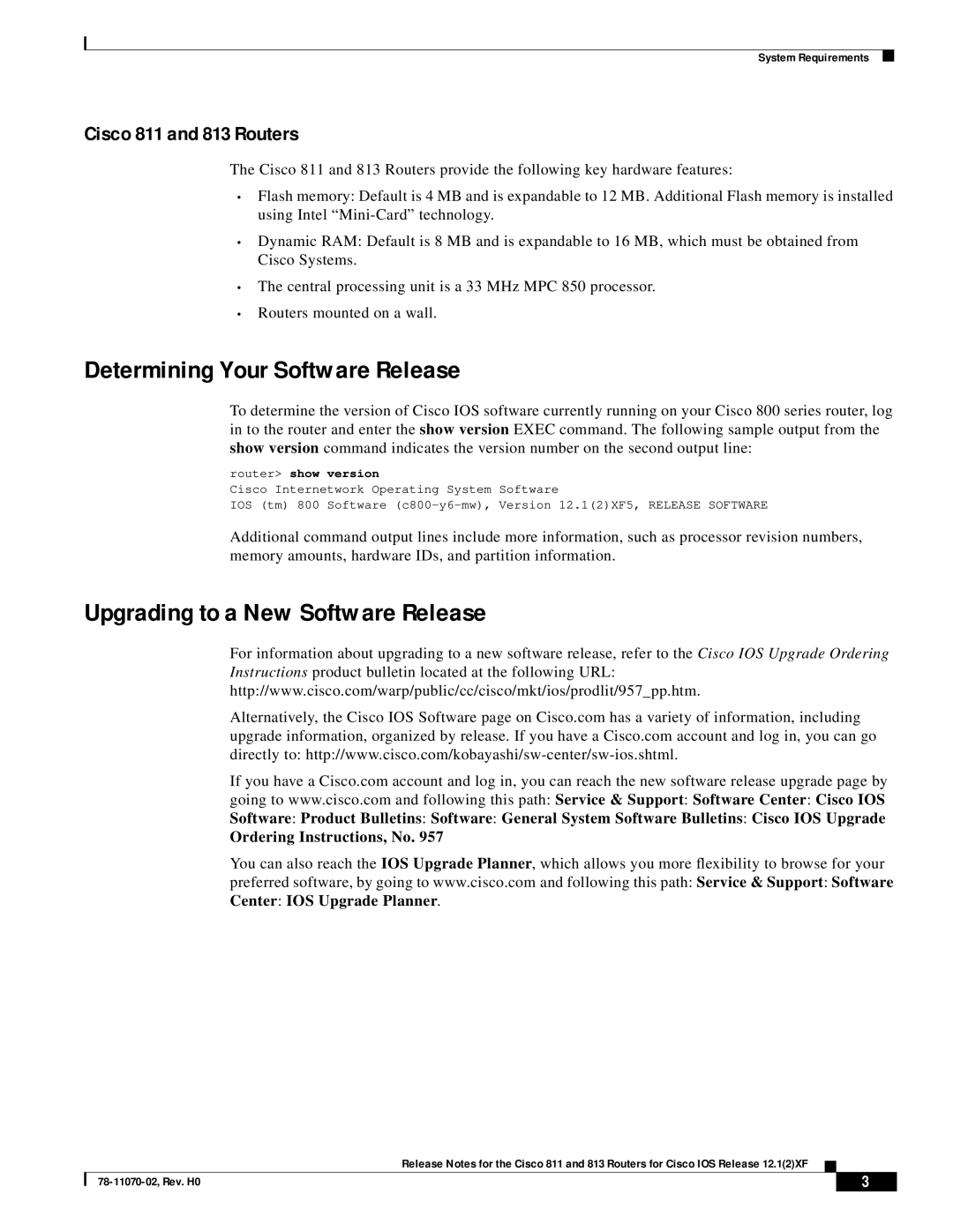 Intel manual Determining Your Software Release, Upgrading to a New Software Release, Cisco 811 and 813 Routers 