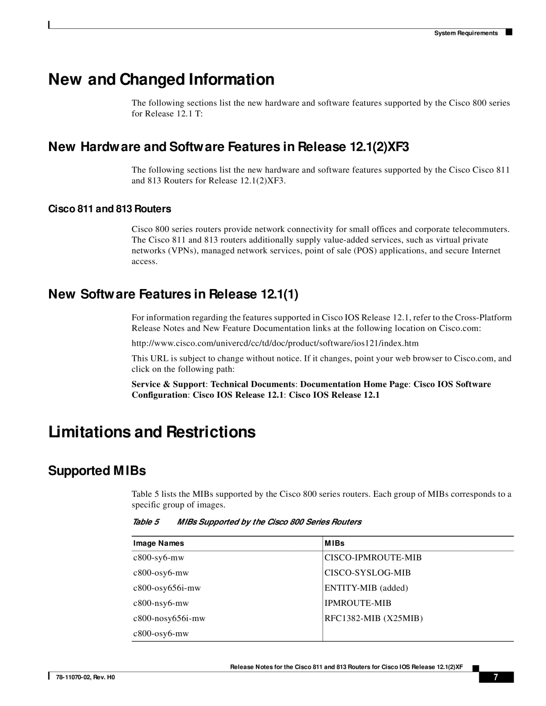 Intel 811, 813 New and Changed Information, Limitations and Restrictions, New Software Features in Release, Supported MIBs 