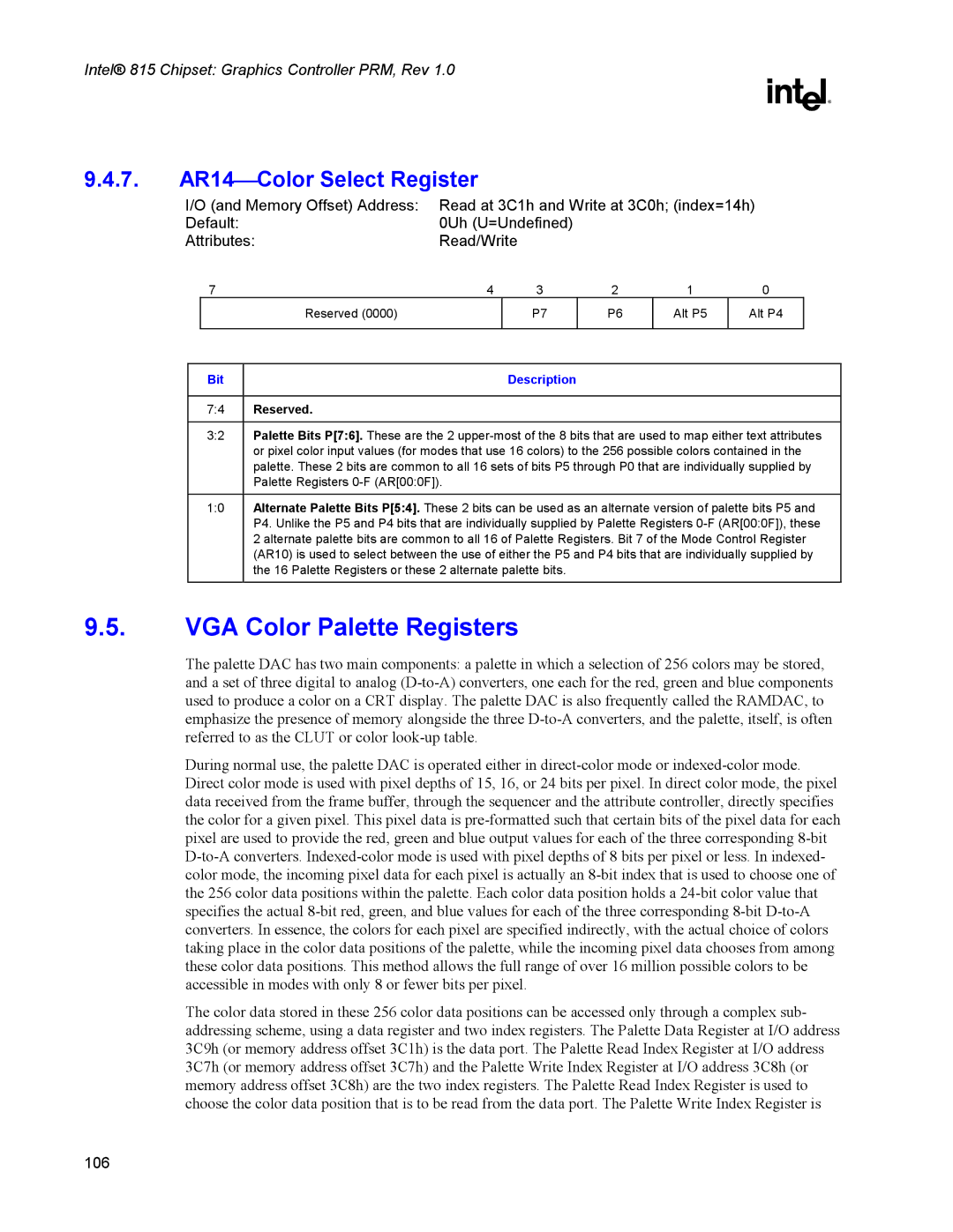 Intel 815 manual VGA Color Palette Registers, 7. AR14Color Select Register 