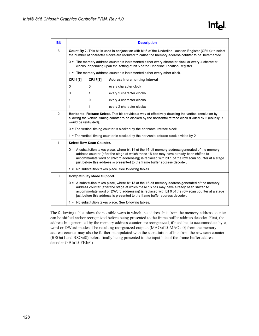 Intel 815 manual Select Row Scan Counter, Compatibility Mode Support 