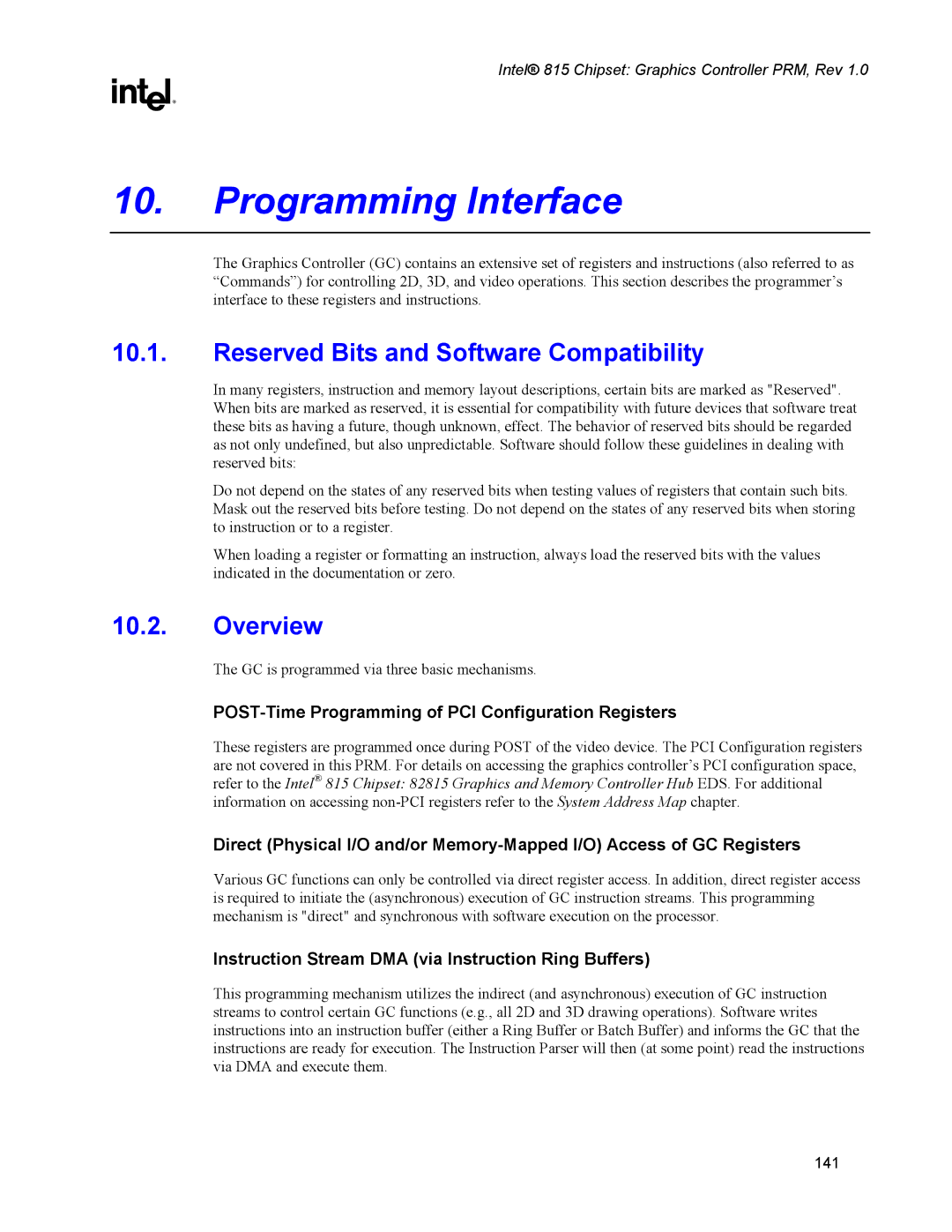 Intel 815 manual Programming Interface, Reserved Bits and Software Compatibility, Overview 