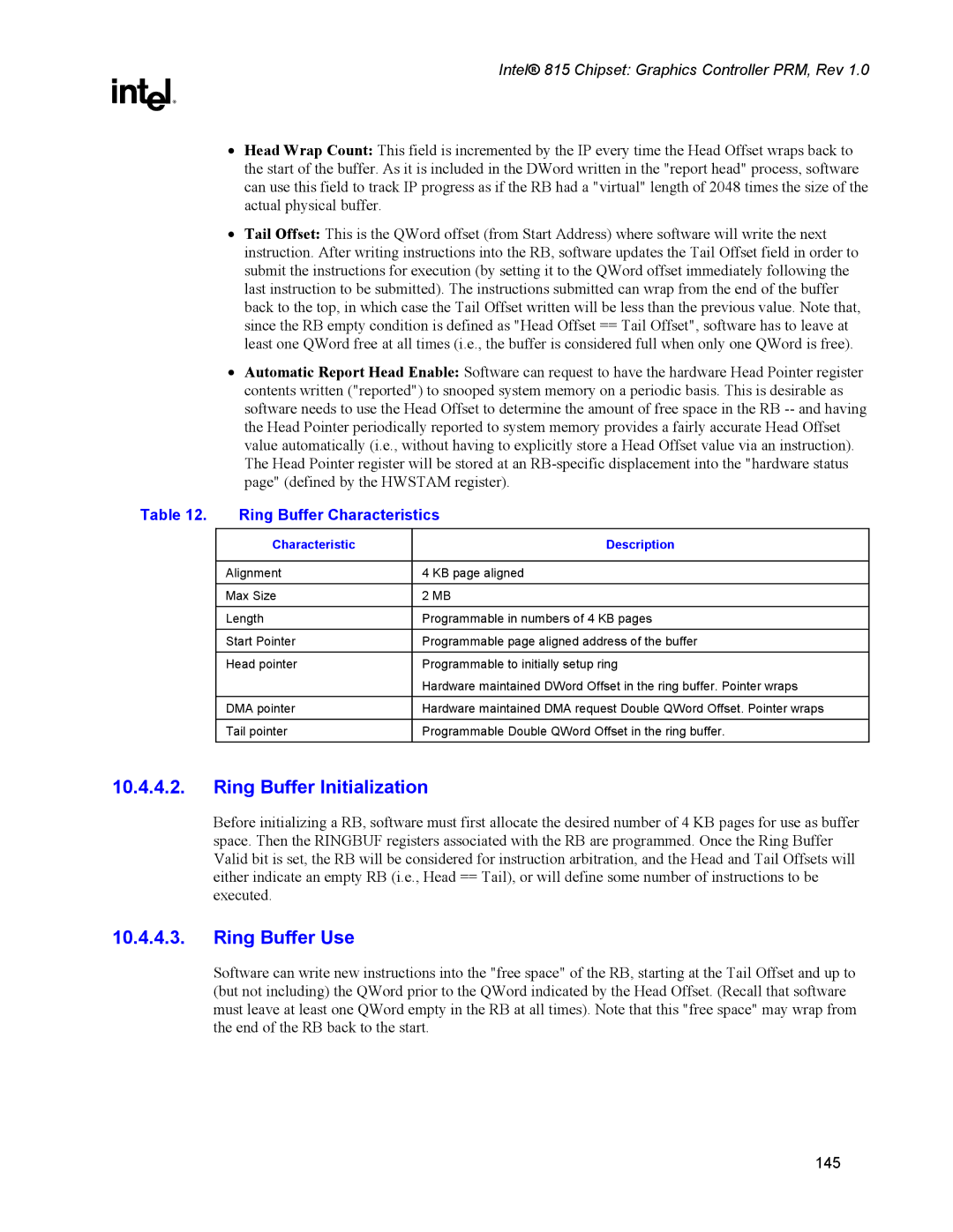 Intel 815 manual Ring Buffer Initialization, Ring Buffer Use, Characteristic Description 