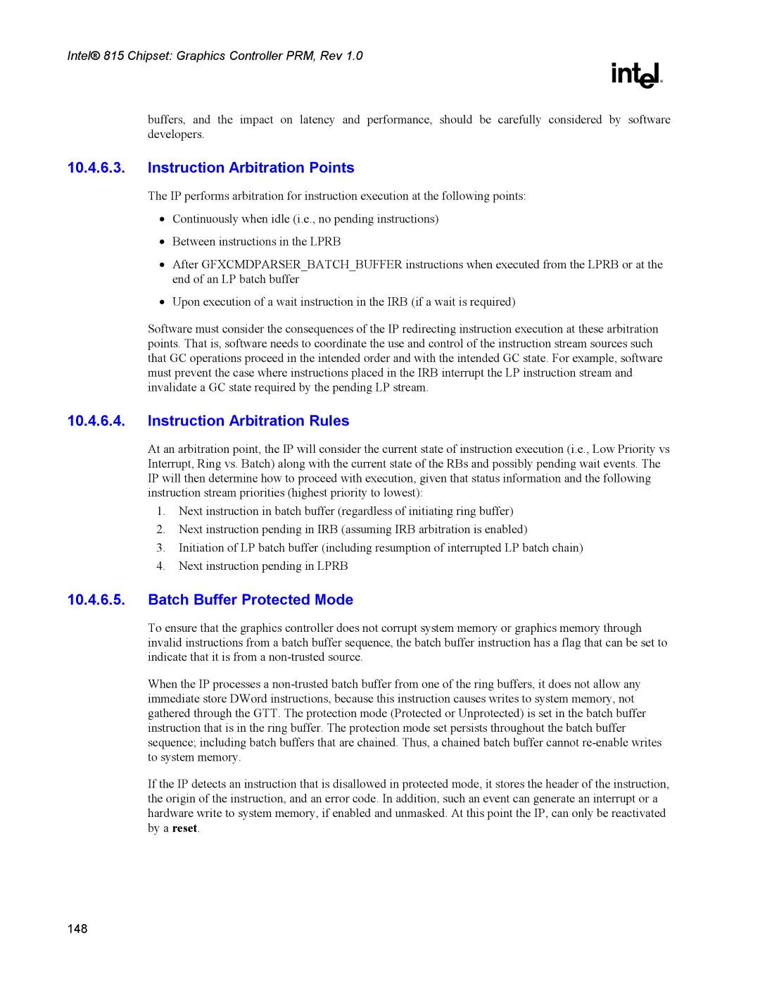 Intel 815 manual Instruction Arbitration Points, Instruction Arbitration Rules, Batch Buffer Protected Mode 