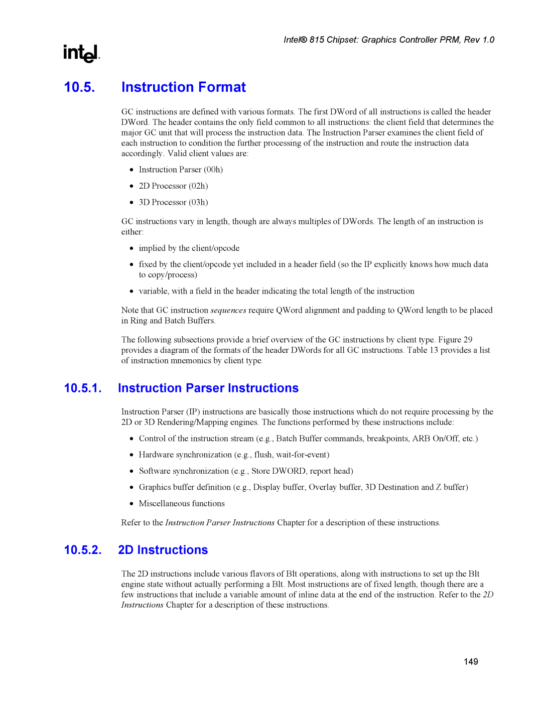 Intel 815 manual Instruction Format, Instruction Parser Instructions 