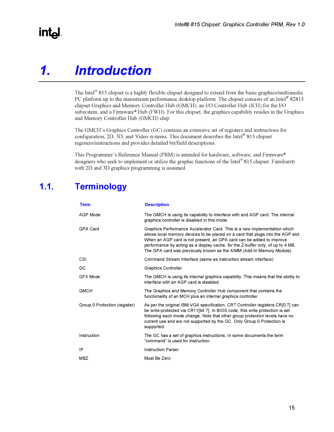 Intel 815 manual Introduction, Terminology, Term Description 