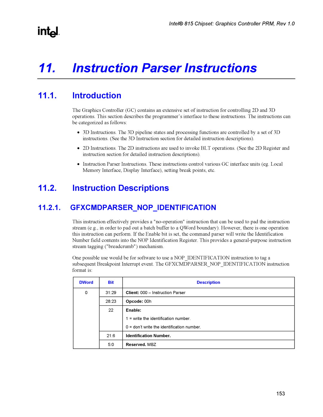 Intel 815 manual Instruction Parser Instructions, Introduction, Instruction Descriptions, DWord Bit Description 