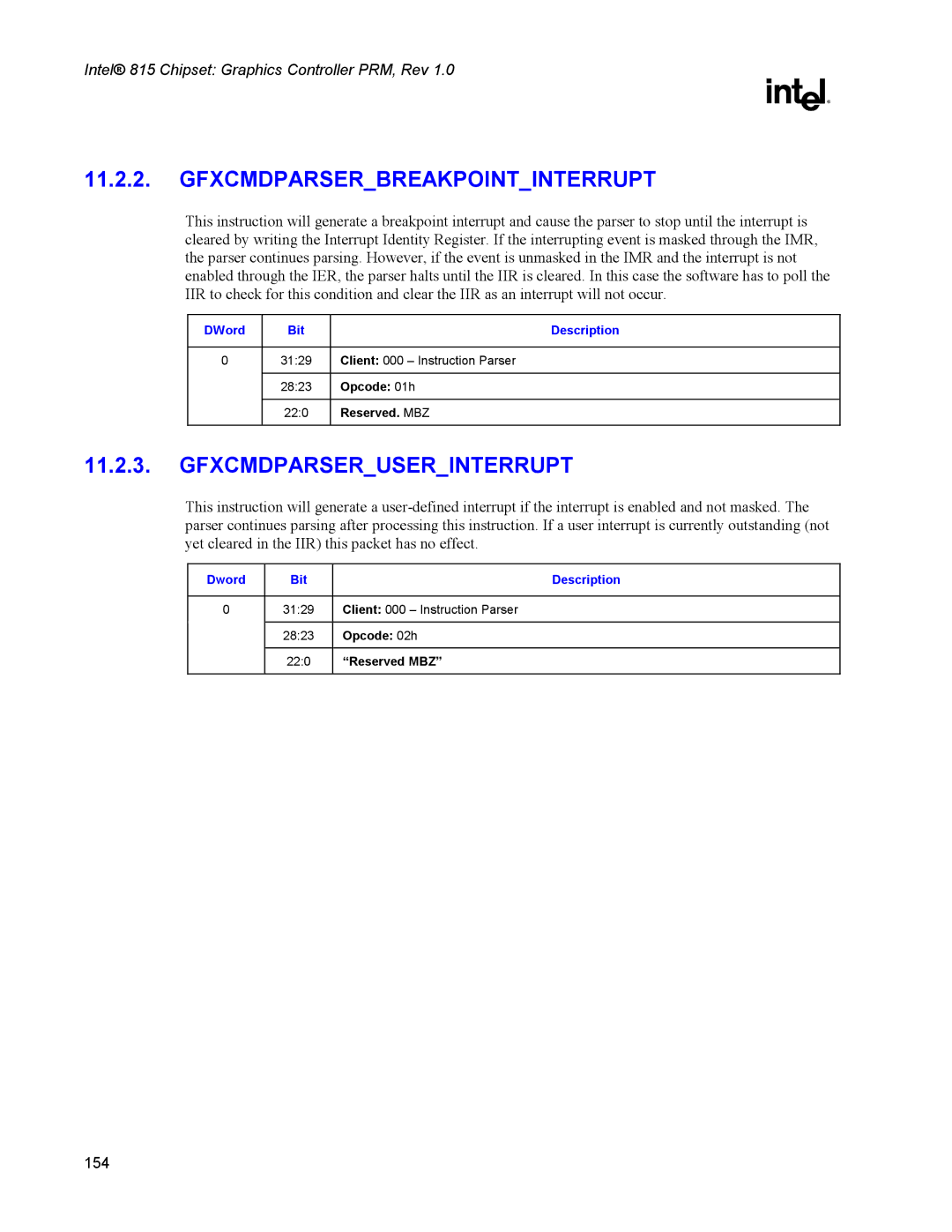 Intel 815 manual Opcode 01h, Opcode 02h, Reserved MBZ 