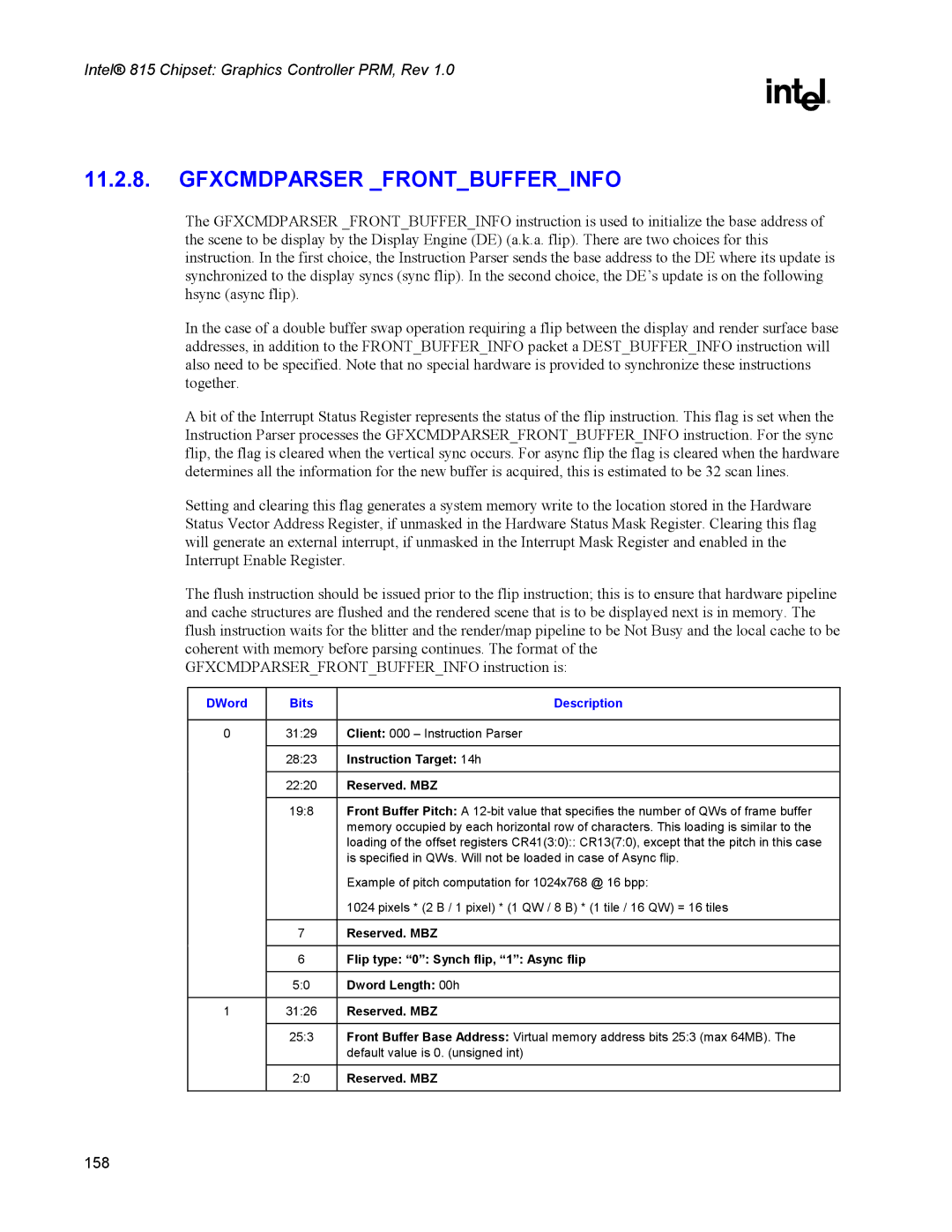 Intel 815 manual Instruction Target 14h, Flip type 0 Synch flip, 1 Async flip, Dword Length 00h 