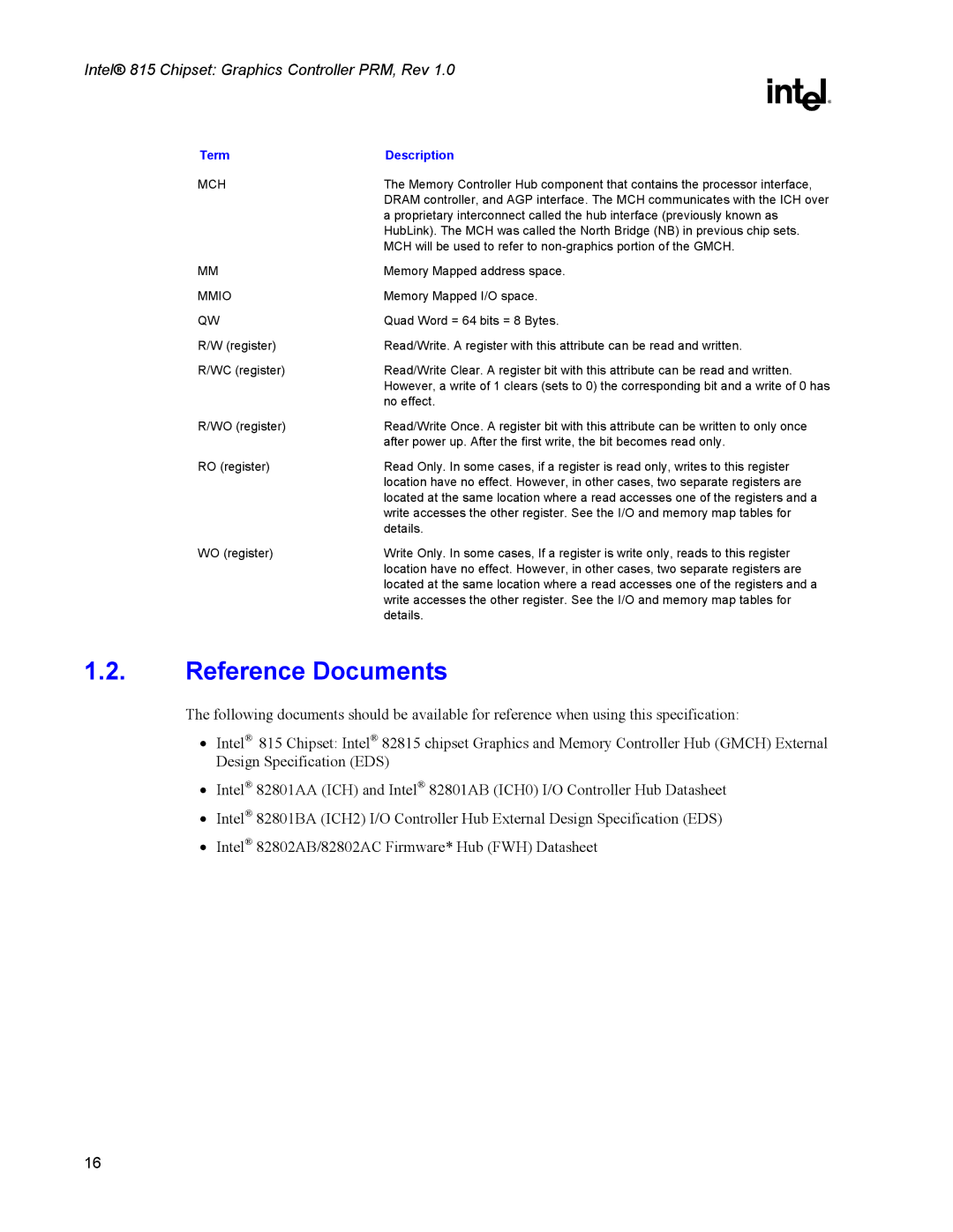 Intel 815 manual Reference Documents, Mch 