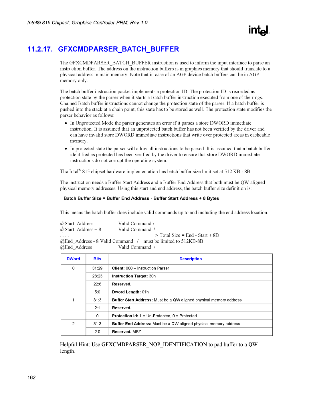 Intel 815 manual Gfxcmdparserbatchbuffer, Instruction Target 30h 