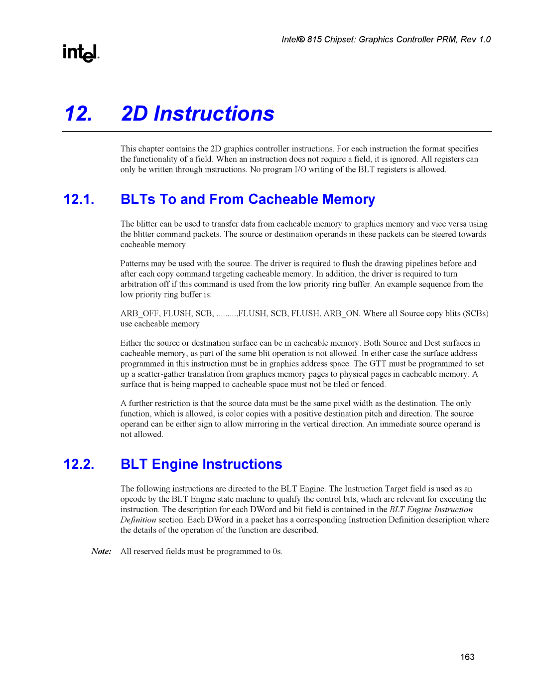 Intel 815 manual BLTs To and From Cacheable Memory, BLT Engine Instructions 