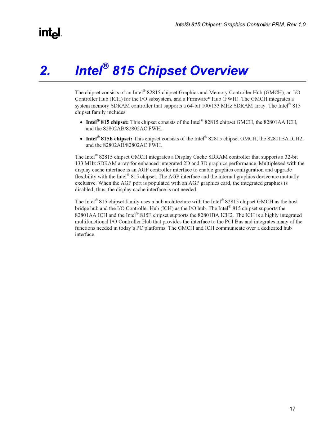 Intel manual Intel 815 Chipset Overview 