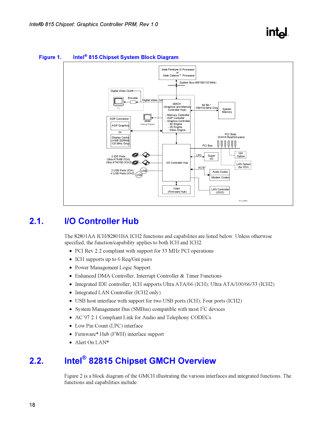 Intel manual I/O Controller Hub, Intel 82815 Chipset Gmch Overview 