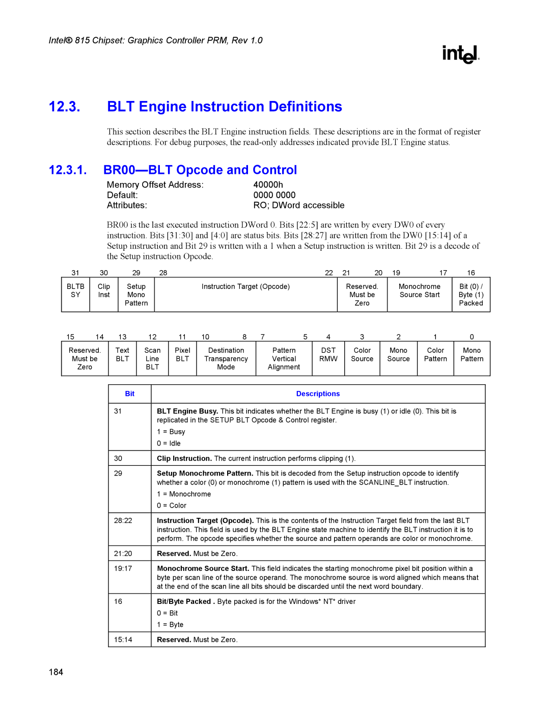 Intel 815 manual BLT Engine Instruction Definitions, 12.3.1. BR00-BLT Opcode and Control 