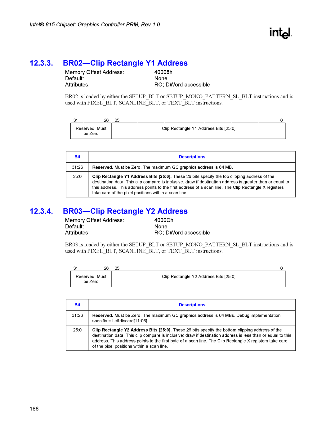 Intel 815 manual 12.3.3. BR02-Clip Rectangle Y1 Address, 12.3.4. BR03-Clip Rectangle Y2 Address 