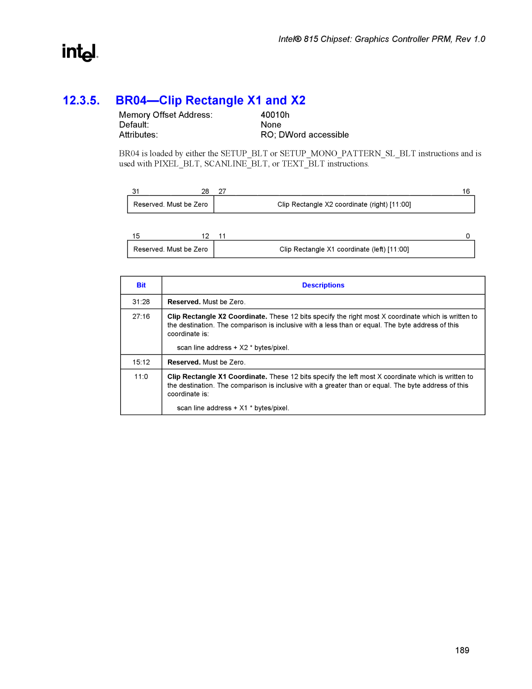 Intel 815 manual 12.3.5. BR04-Clip Rectangle X1, Reserved. Must be Zero 2716 