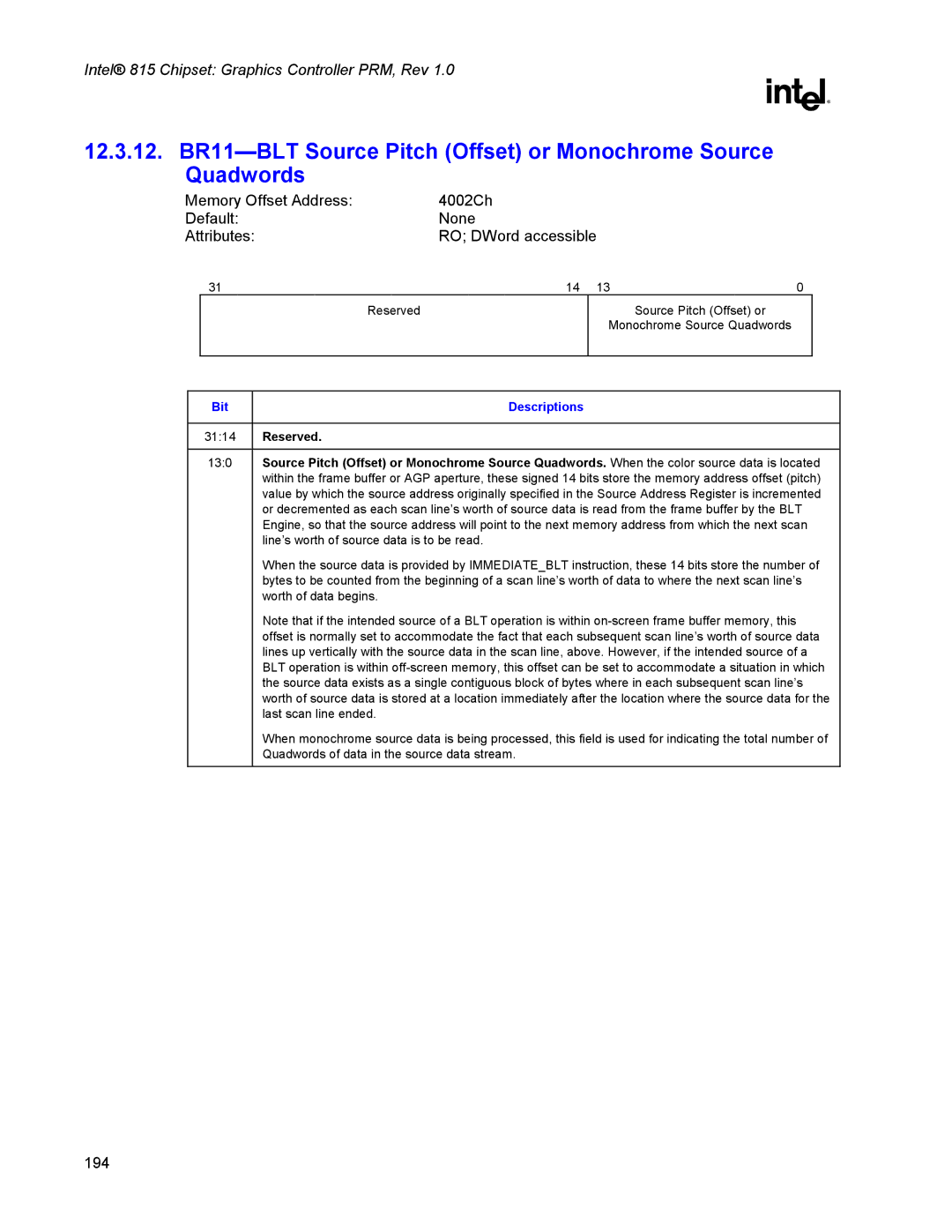 Intel 815 manual Source Pitch Offset or Monochrome Source Quadwords 