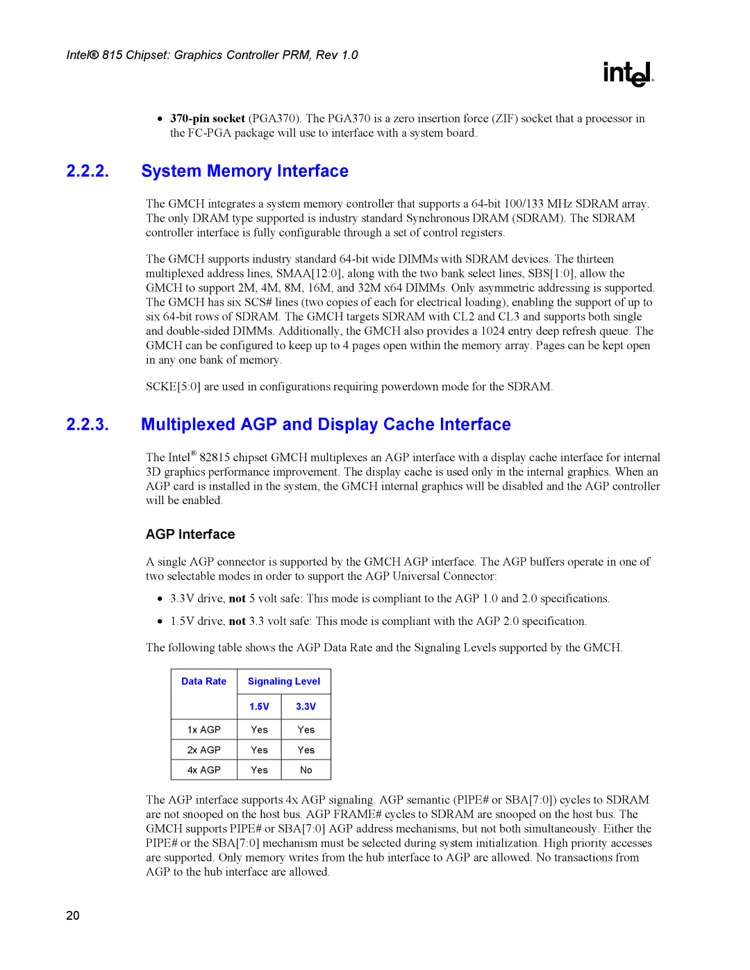 Intel 815 manual System Memory Interface, Multiplexed AGP and Display Cache Interface, Data Rate Signaling Level 